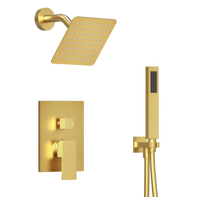 Wall Mounted 6 in Rain Shower Head Bathroom Shower Faucet Set, 2-Setting Square Shower System With Rough-In Valve, & Handheld - Brushed Gold