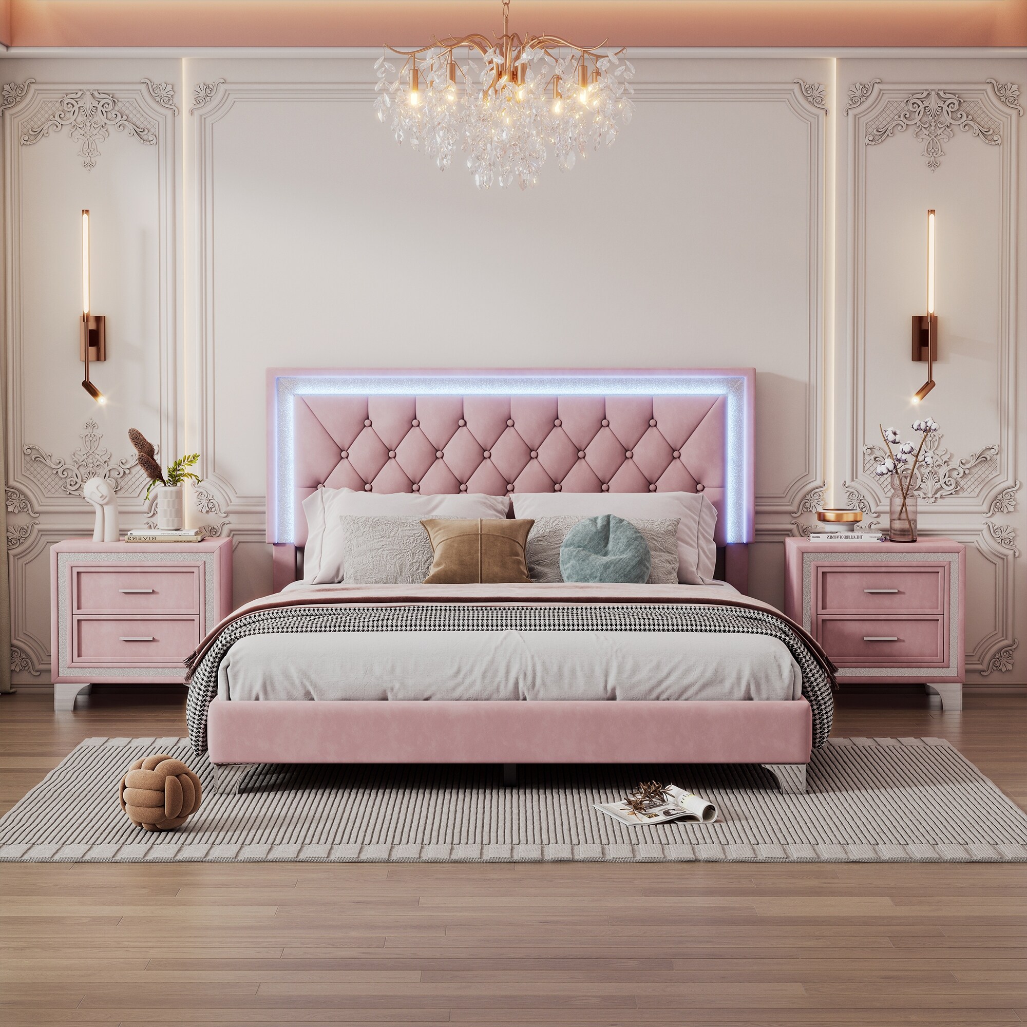 Velvet Tufted 3Pieces Bedroom Sets with 2 Nightstands Pink Bed