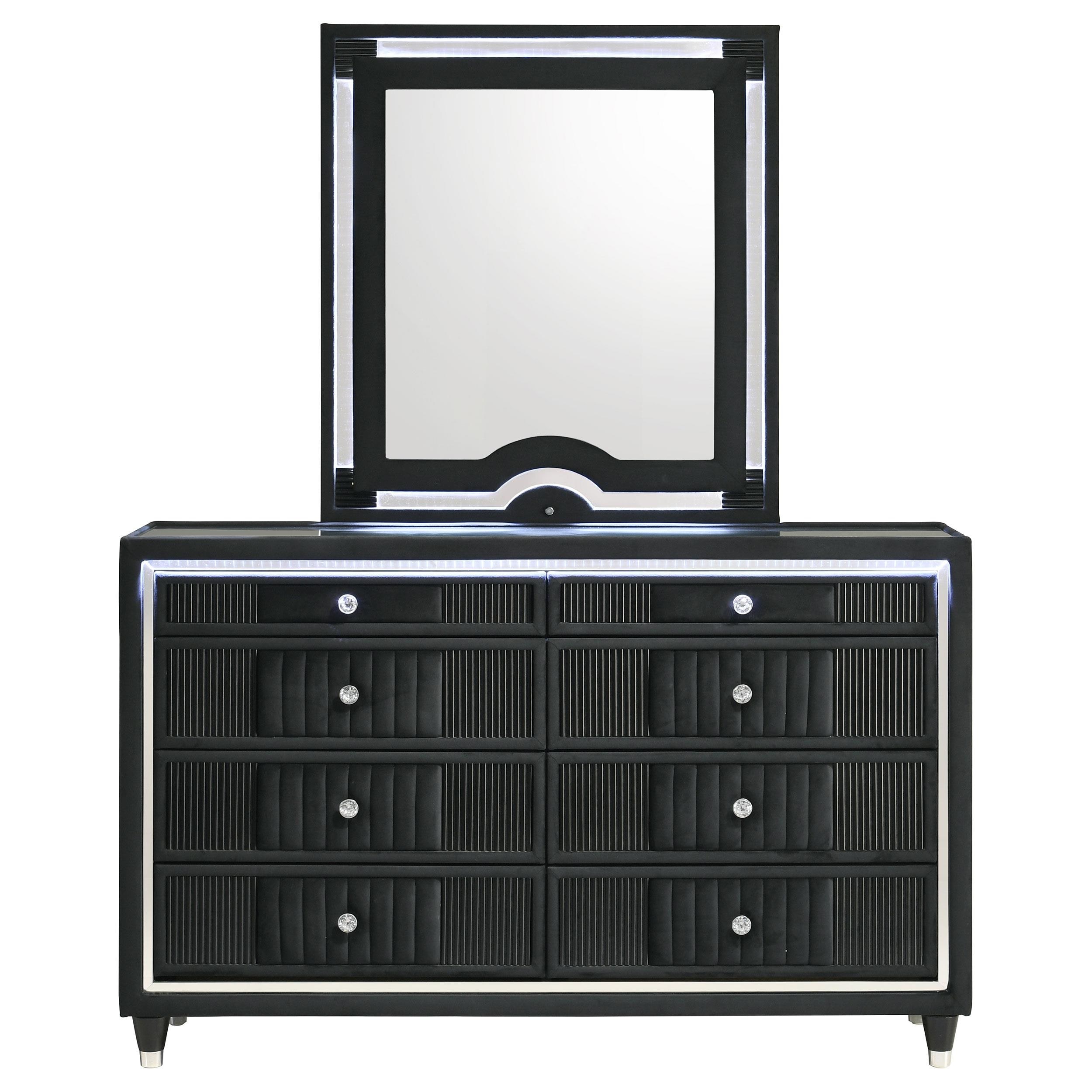 Ravenne 8-drawer Velvet Upholstered LED Dresser Cabinet Black