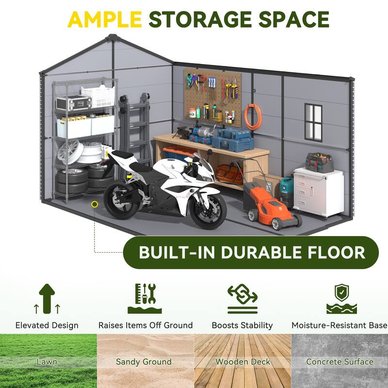 EROMMY Outdoor Storage Shed with Built-In Floor, Lockable Double Doors & Sloped Roof, Gray/Black