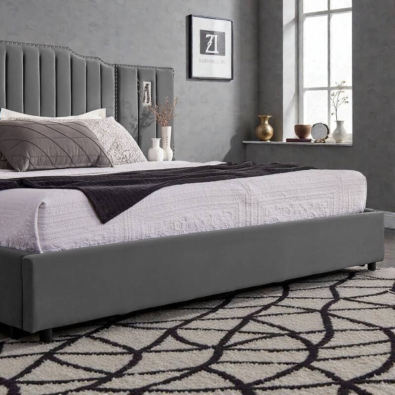 Modern Upholstered Bed Frame with Velvet Headboard, Vertical Channel Button Design, Integrated Nightstand, Platform Support