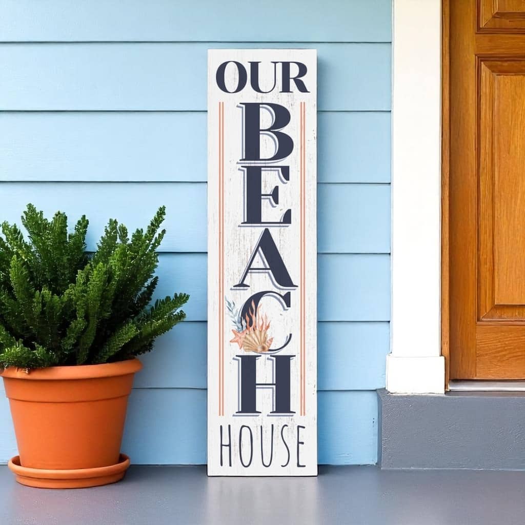 HomeRoots 36" White And Blue Solid Wood Our Beach House Porch Sign