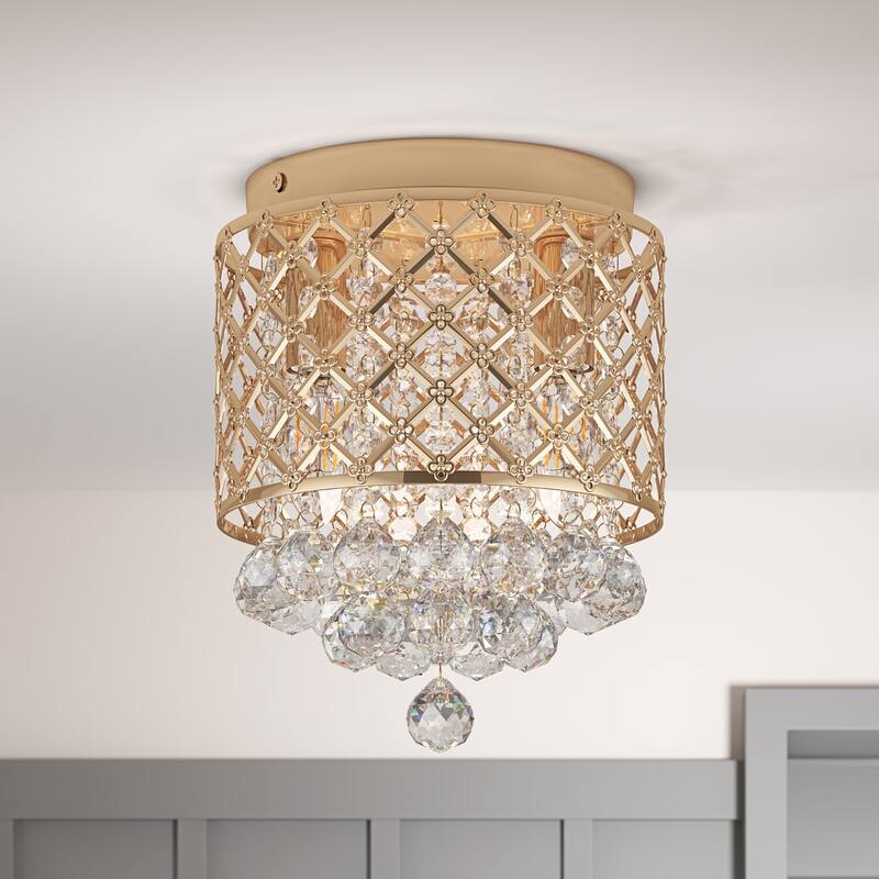 Modern Frech Gold 2-Light Clear Crystal Raindrop Flush Mount Ceiling Light - Gold