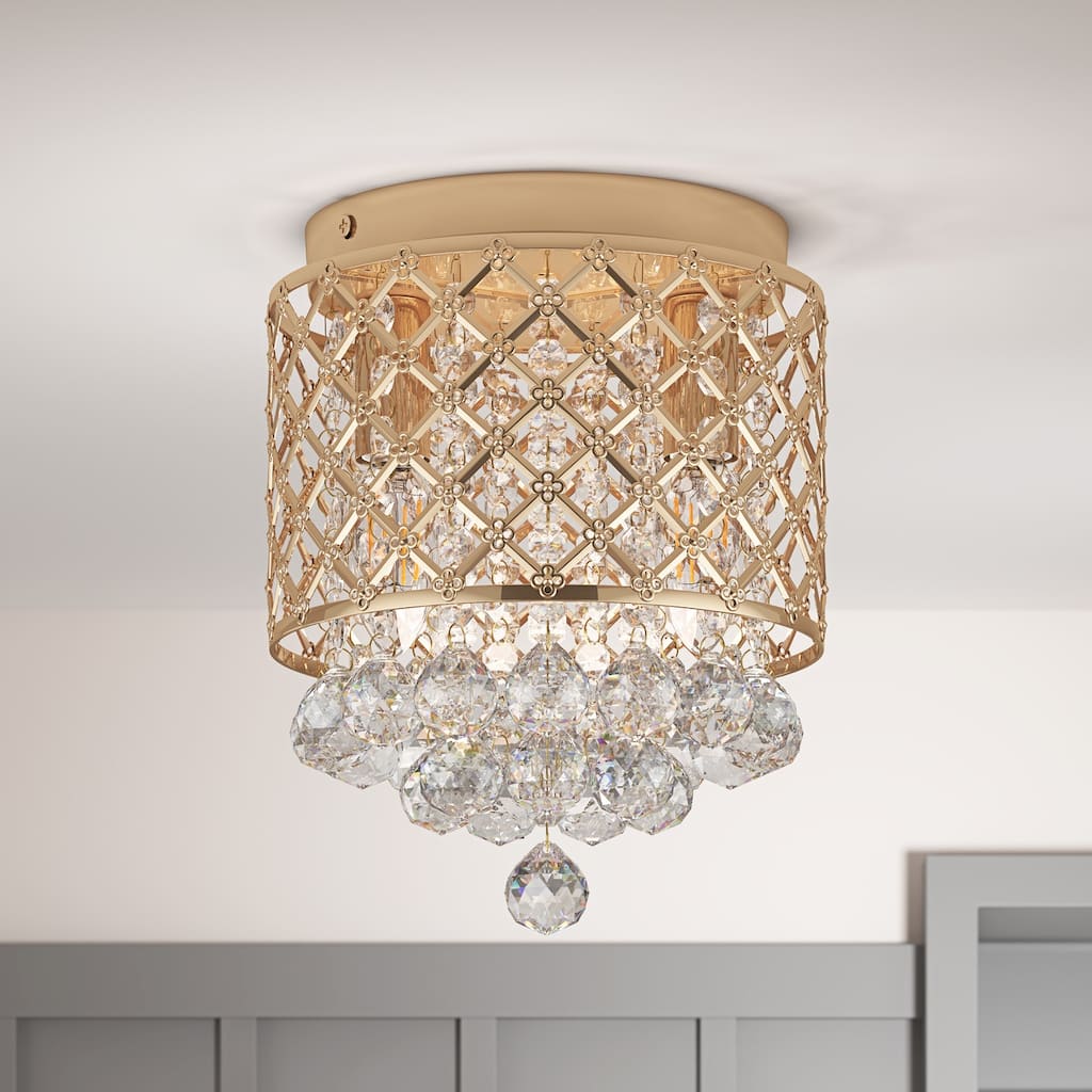 Modern Frech Gold 2-Light Clear Crystal Raindrop Flush Mount Ceiling Light