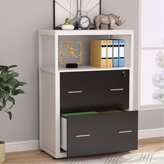 Lateral Filing Cabinet Wood 2 Drawer Hanging File Black Legal Letter Home Office 