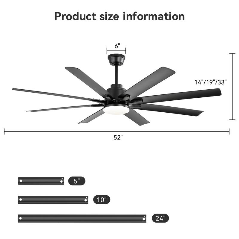 52" Reversible DC Motor Ceiling Fan with Remote/APP Control Dimmable 3-color Temperature, 8 ABS Blades Ceiling Fan Chandelier