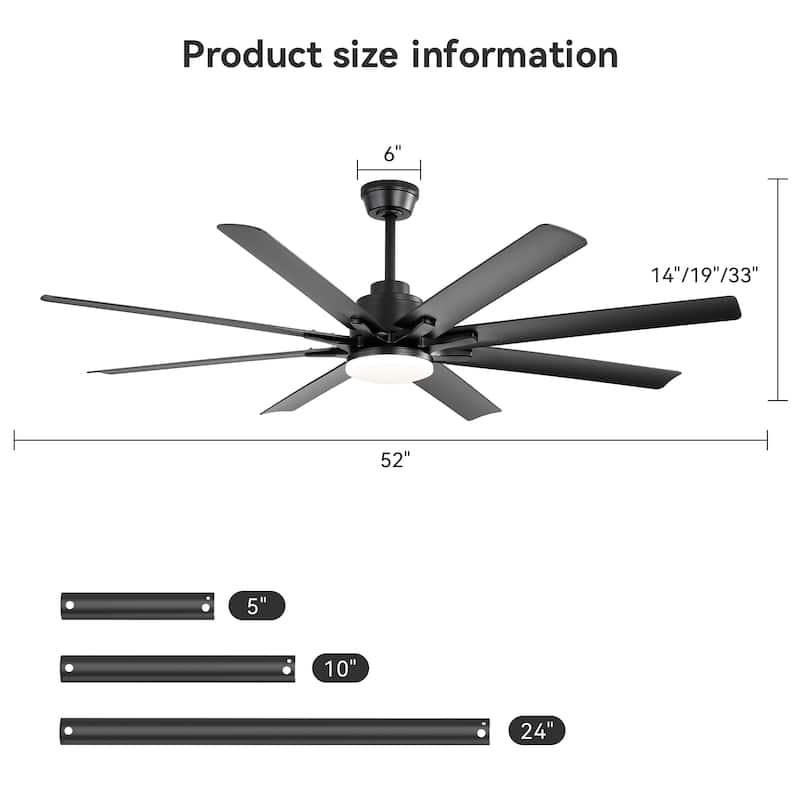 52-inch Matte Black Ceiling Fan with Light - 8 ABS Blades, 18W LED 3-Color Dimmable Light, for Living Room & Bedroom