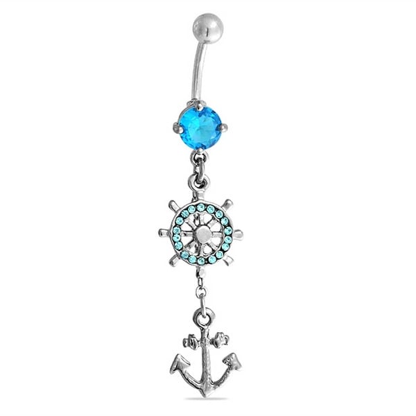 14ga 316L Surgical Steel Aqua CZ Gems with Anchor Dangle Belly Navel Ring