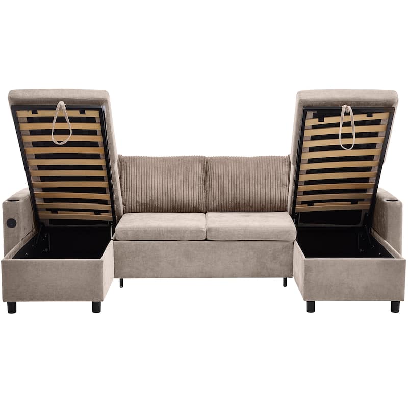 111.8" Chenille Sectional Sleeper Sofa U-Shaped Convertible Sofa Bed with Storage Chaise and USB Ports