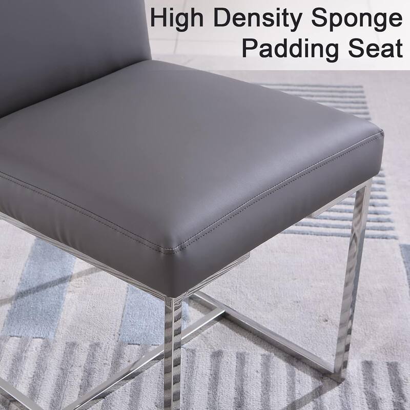 Grey PU Leather Dining Chairs with Mirrored Stainless Steel Legs - Set of 2