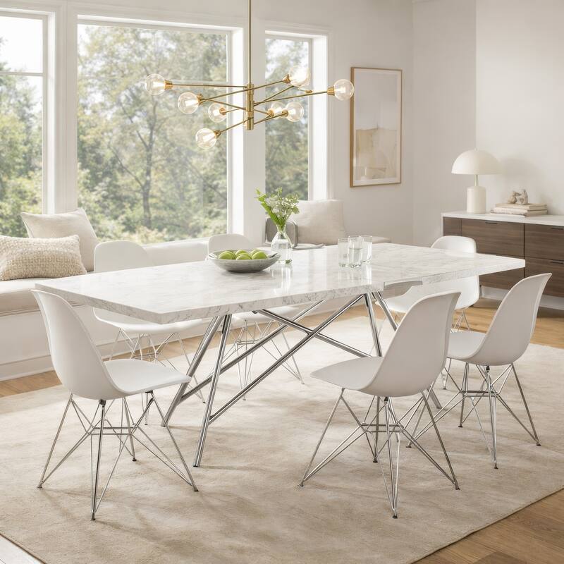 Levi 80 Inch Rectangular Carrara Marble Dining Table, Steel Legs, Chrome