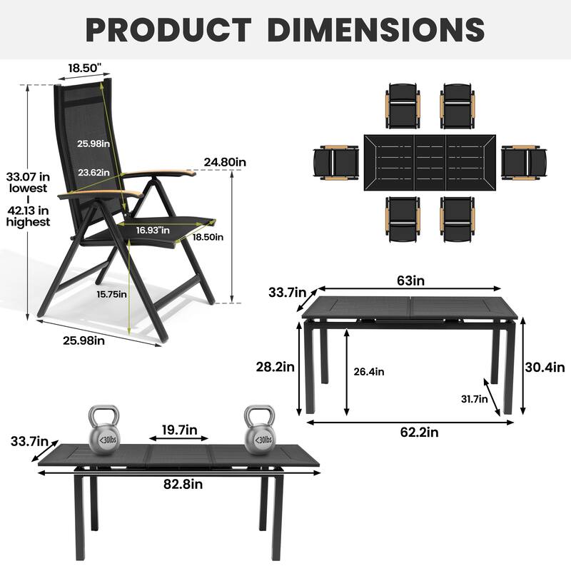 7-Piece Set Outdoor Patio Extendable Aluminum Dining Table with Foldable Dining Chairs