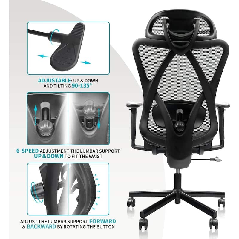 Ergonomic Mesh Office Chair with Adjustable Lumbar Support Headrest and Reclining Function for Home and Office