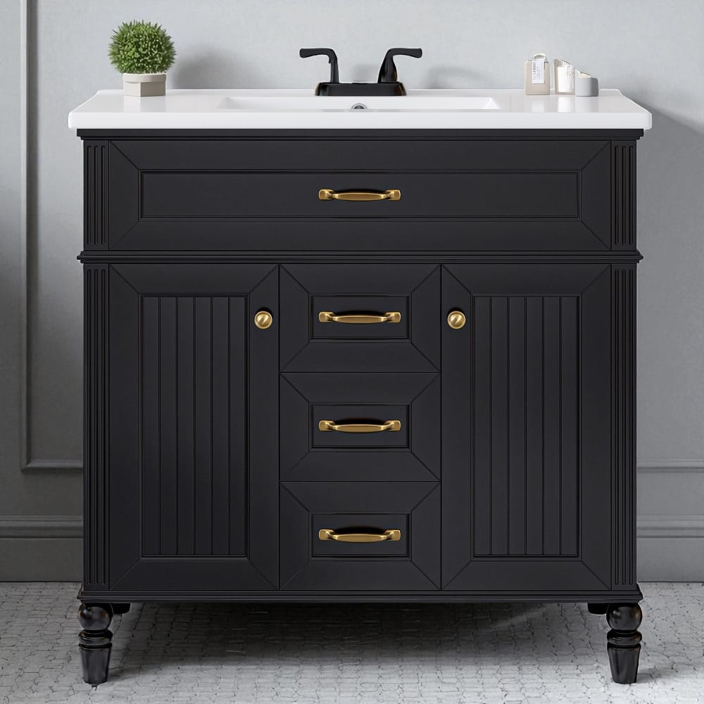 Modern 36 Inch Bathroom Vanity with Ceramic Sink, Solid Wood Frame, Golden Handles, Flip-Out Top Drawer & Storage Cabinet