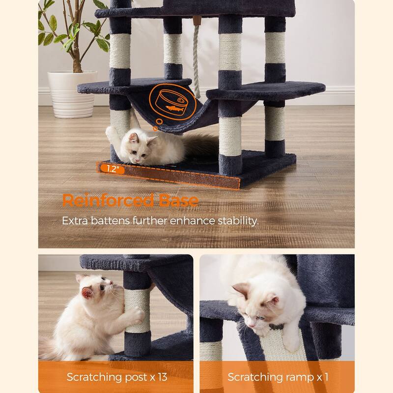 Cat Tree, 66.1-Inch Large Cat Tower with 13 Scratching Posts, 2 Perches, 2 Caves, Basket, Hammock, Pompoms