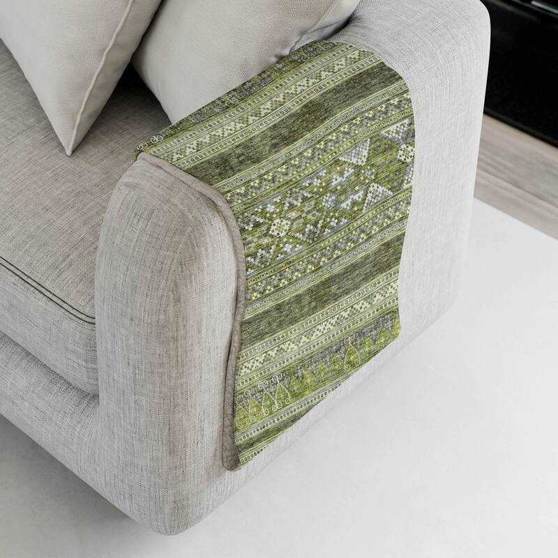 Premium Machine Washable Boho Moroccan Sherpa Throw Blanket - Olive - 4'2" x 5'10"