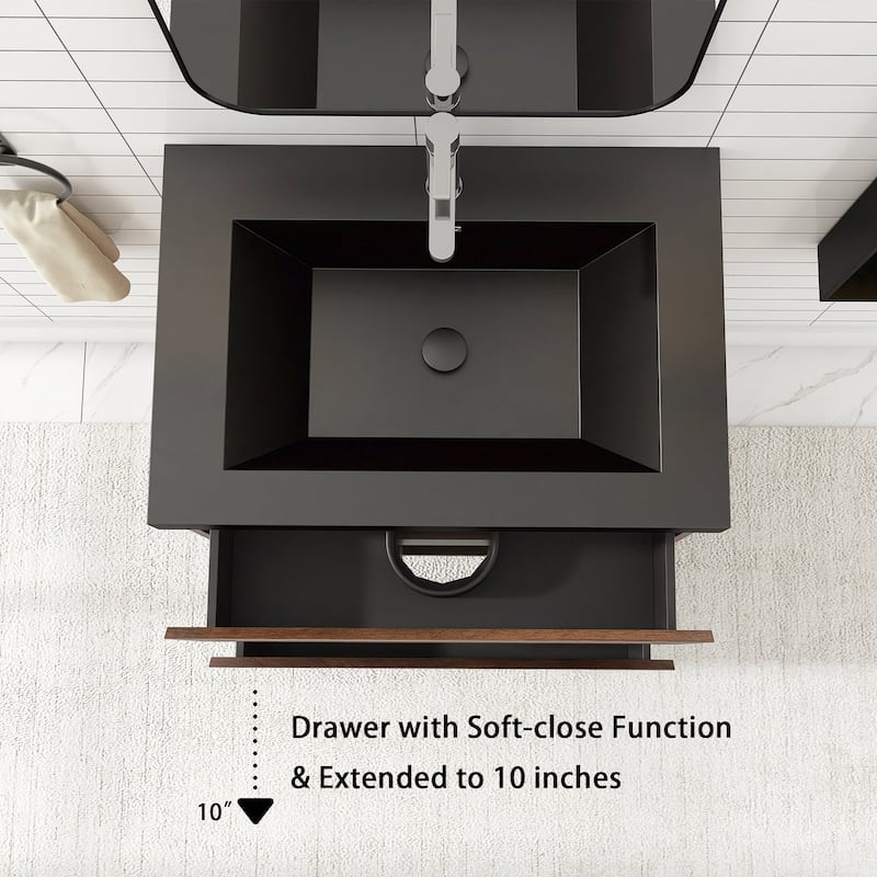 24/30/36 inch Wall-Mounted Bathroom Vanity Set in Rose Wood with Integrated Black Resin Sink