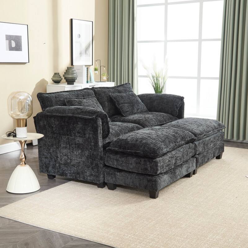 76.77" Chenille Upholstered Sofa with 2 Ottomans