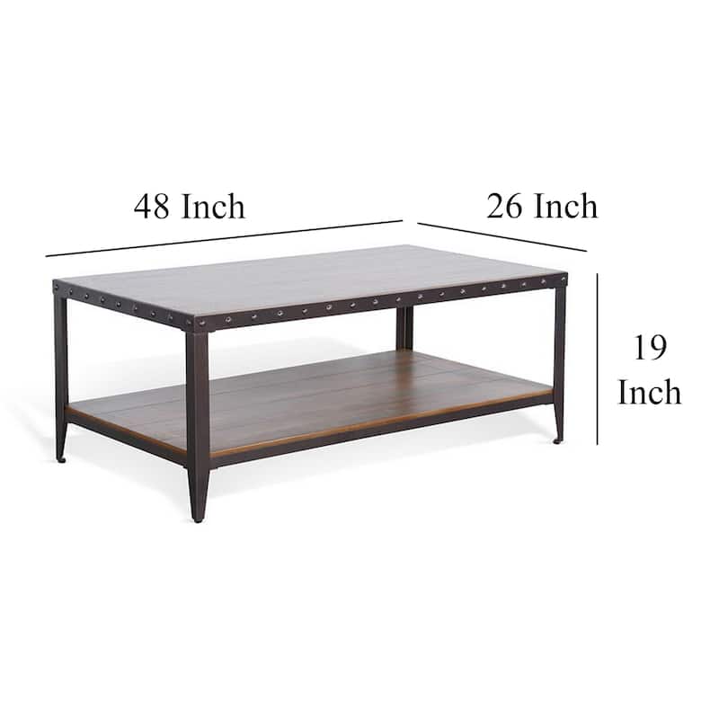 Ayka Coffee Table w Shelf, Nailhead Accent, 48 Inch Rectangular Brown