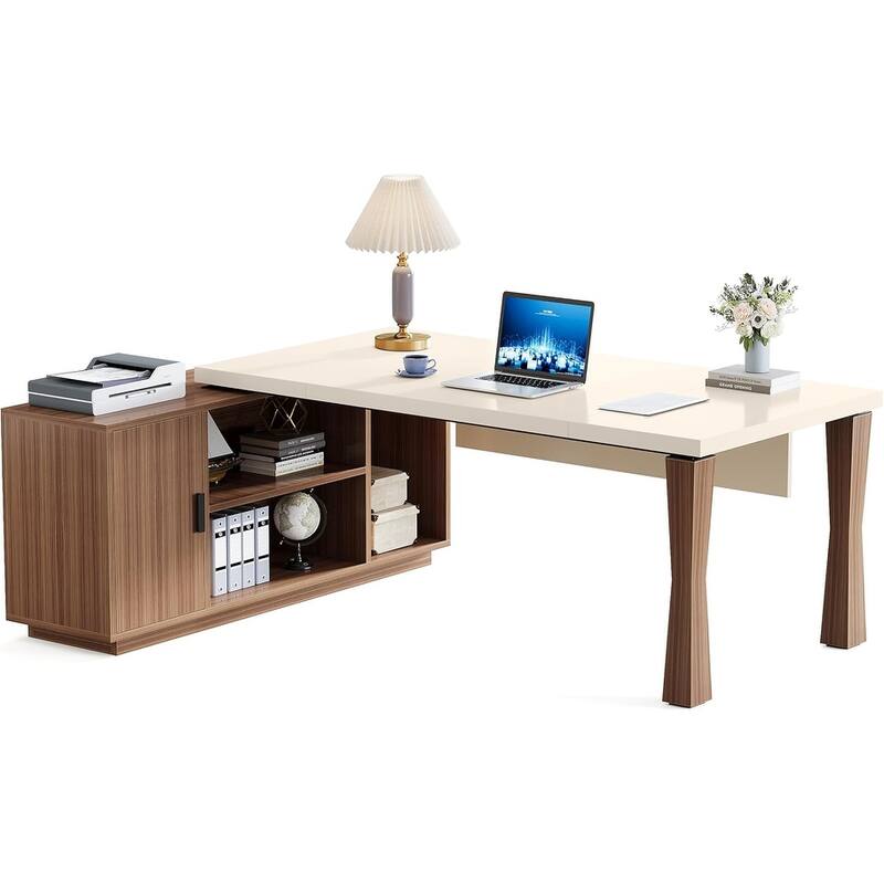78.78"L-Shaped Executive Desk with Storage Cabinet, Cream White & Walnut
