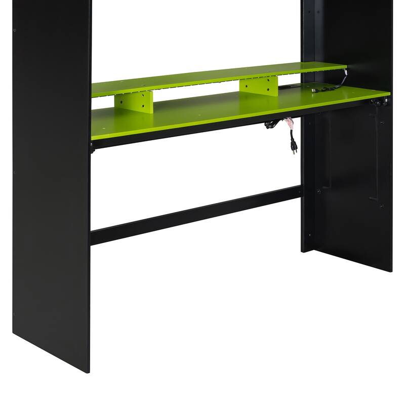 Full Size Wood Bunk Bed with Adjustable Desk, Wardrobe, Storage, and RGB Light in Green