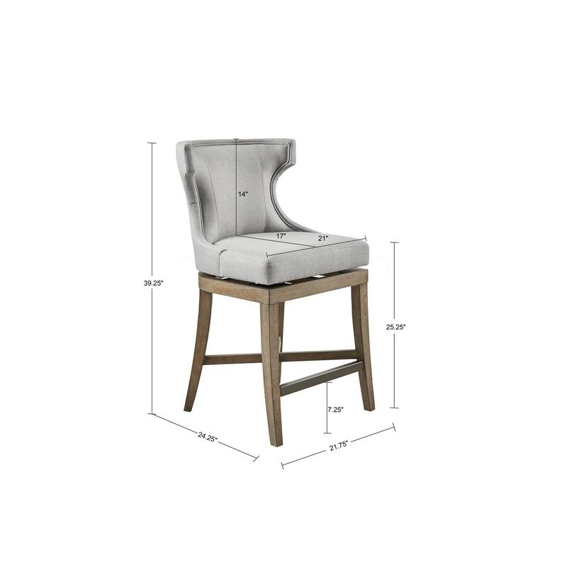 Roomfitters 360-Swivel Counter Stool, Upholstered Wingback Bar Chair with Piping and Metal Kickplate, Light Gray - Light Grey