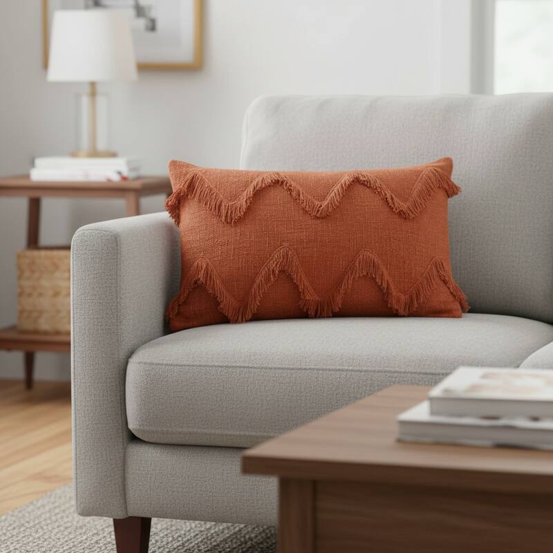 14" X 20" Cinnamon Chevron Cotton Lumbar Throw Pillow With Texture - Polyester - Single - 20.00 in. x 14.00 in. x 4.00 in. - Pillow Sets - Cinnamon