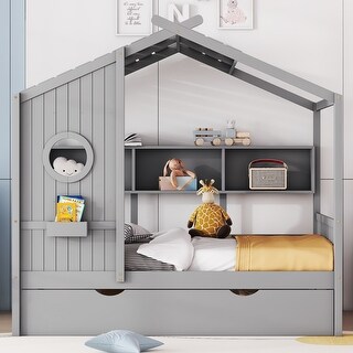 Full Pine House Bed Bookcase Bed with Trundle Bed Storage Shlef, Grey