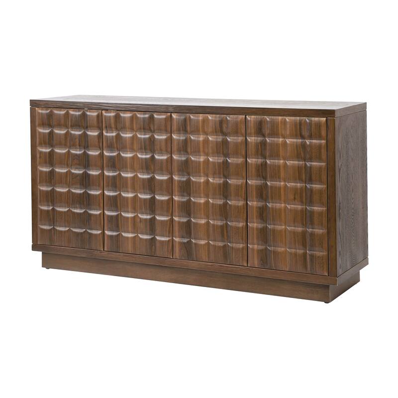 Buffet Cabinet with Storage, 4-Door Wood Sideboard with Adjustable Shelves, Geometric Door Design, Modern Home Coffee Bar