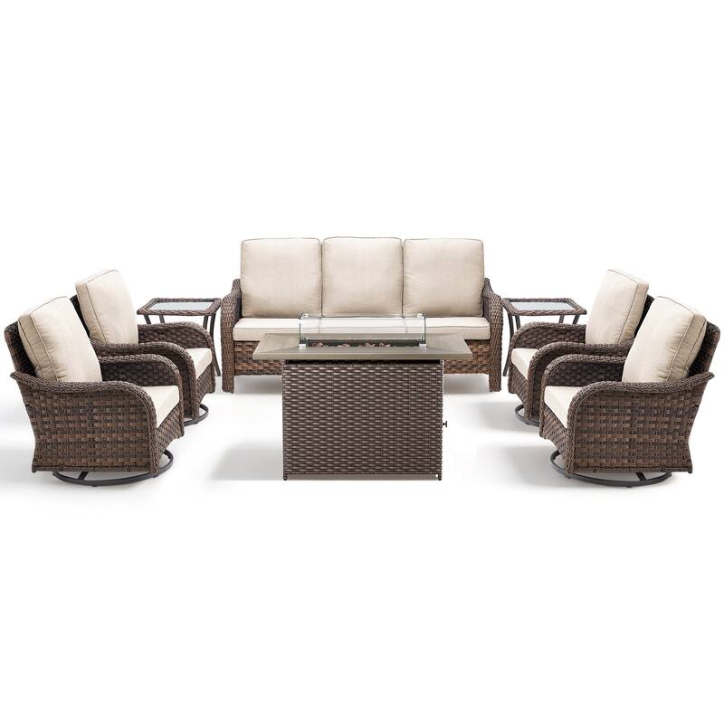 Pocassy Patio Sofa Swivel Chairs with Fire Table Funiture Set
