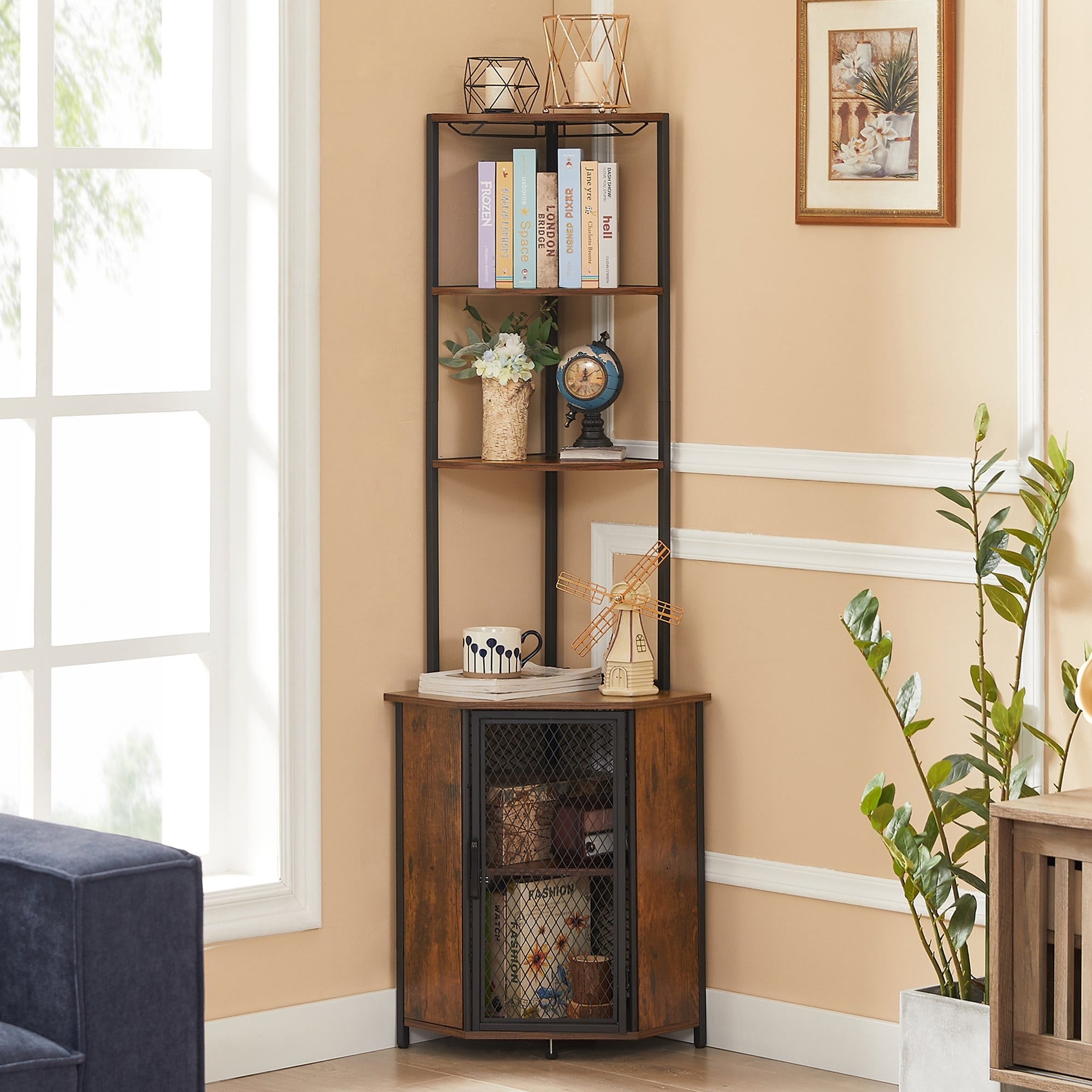 VECELO 5-Tier Triangle Corner Bookcase Tall Storage Shelf with Cabinet Doors & Hooks for Living Room Kitchen Office
