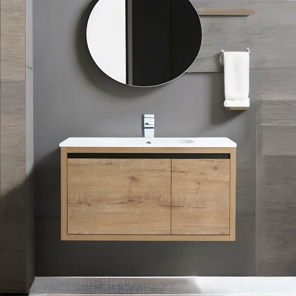 Imitative Oak 36 Inch Bathroom Vanity With Gel Sink