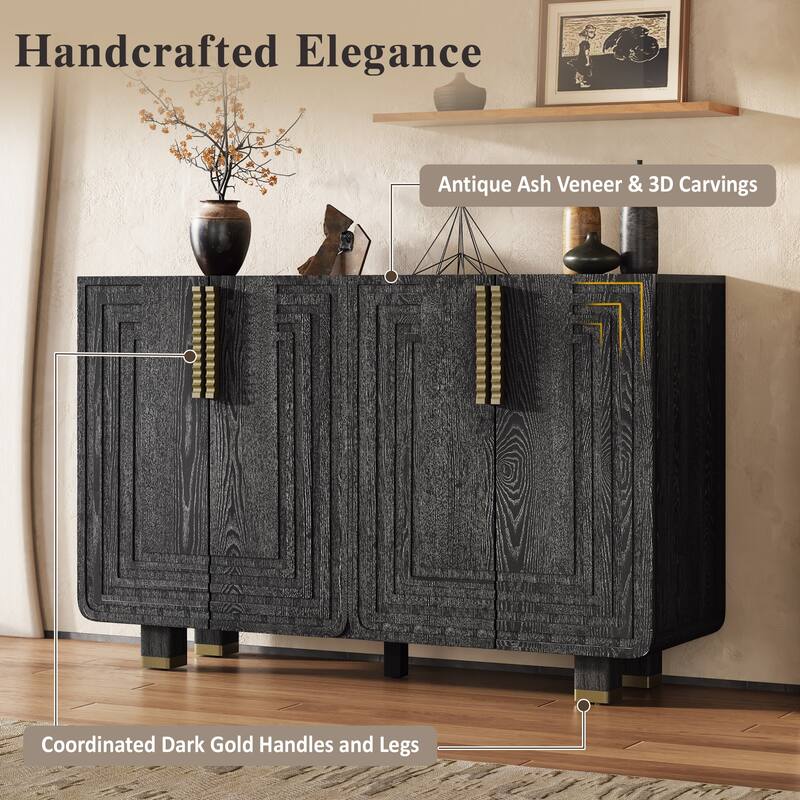 Vintage Fluted Sideboard Storage Cabinet with Adjustable Shelves, 54" Buffet Cabinet Entryway Accent Cabinet for Dining Room - Black