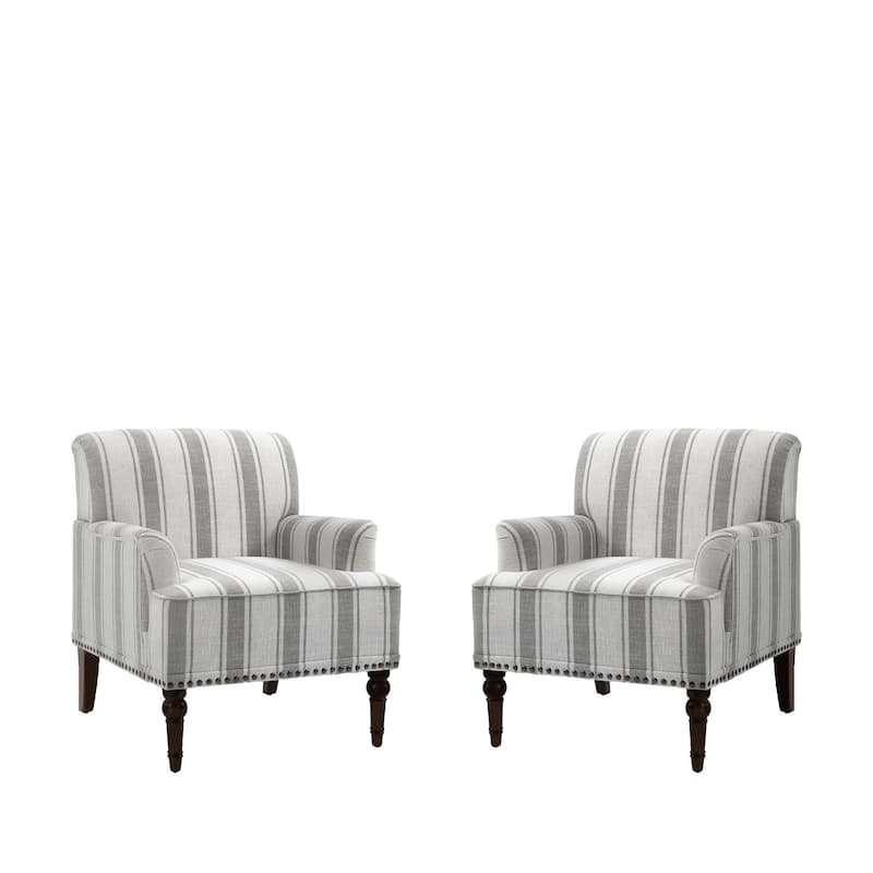 Set of 2 Stripe Linen Accent Arm Chairs with Nailhead Trim and Wood Legs