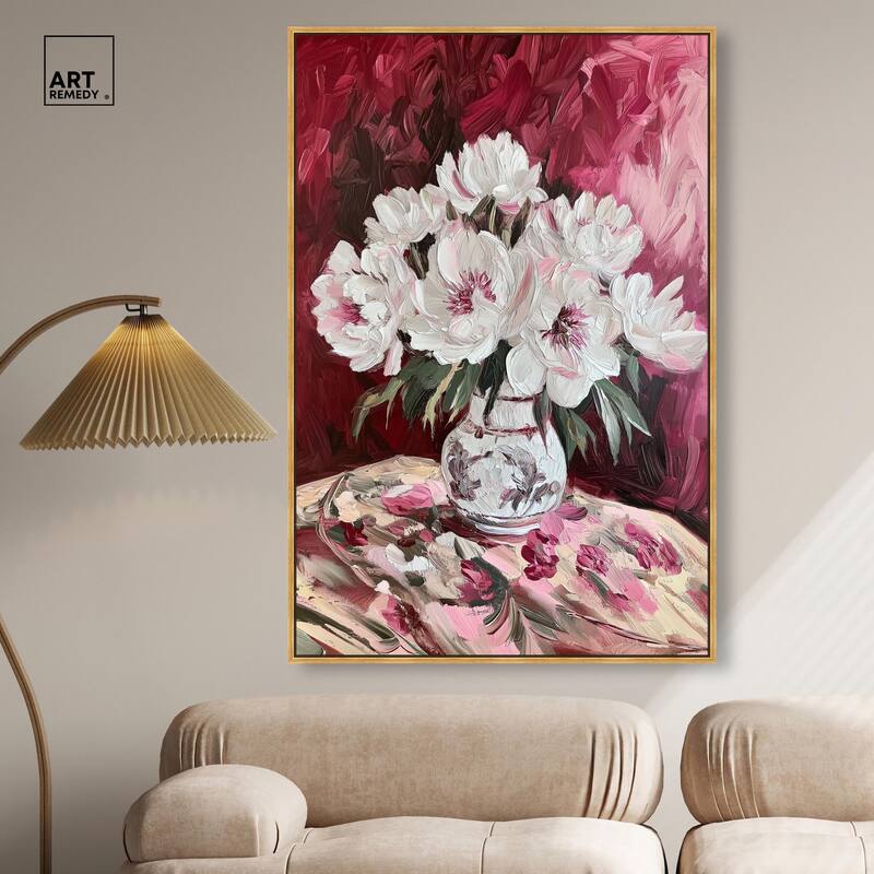 Peonies on Ruby Tide Canvas by Art Remedy