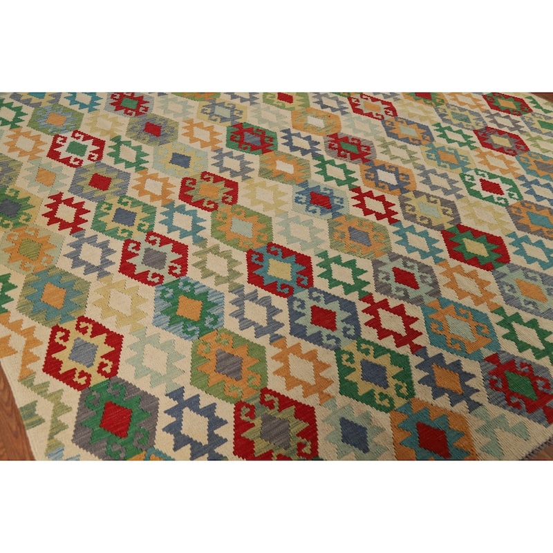 Geometric Beige Kilim Oriental Area Rug Flatweave Wool Carpet - 8'5" x 10'3"