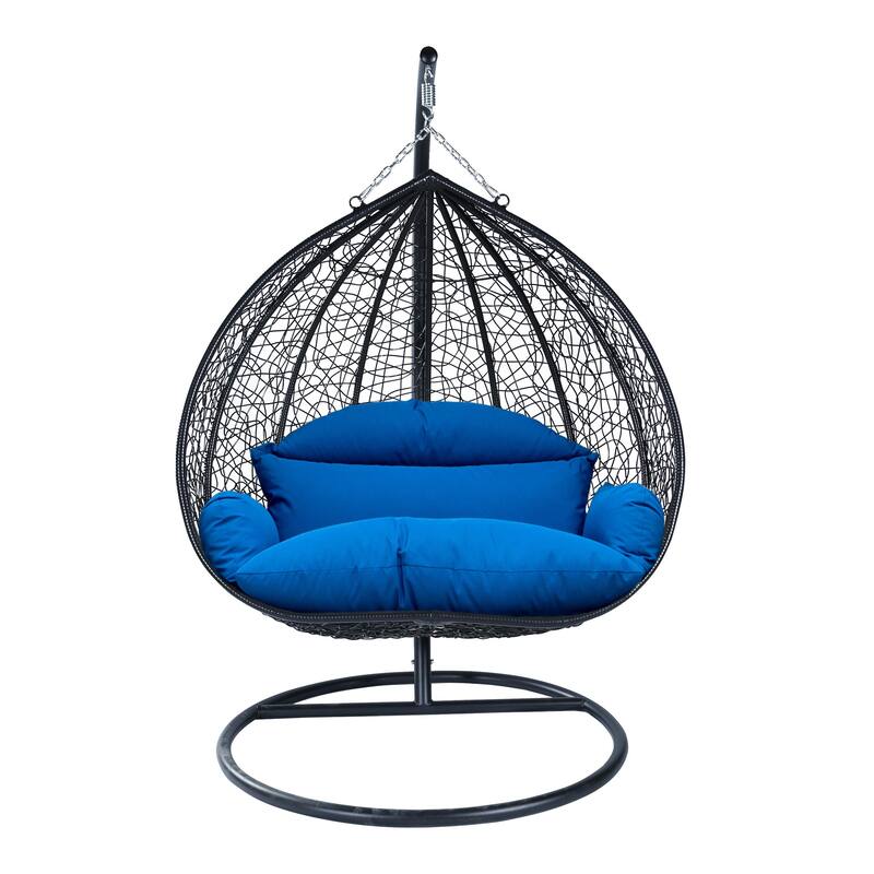 2-Person Outdoor Hanging Egg Chair with Teardrop Frame, Weather-Resistant Cotton Cushioned Seat for Patio and Indoor Use - Blue