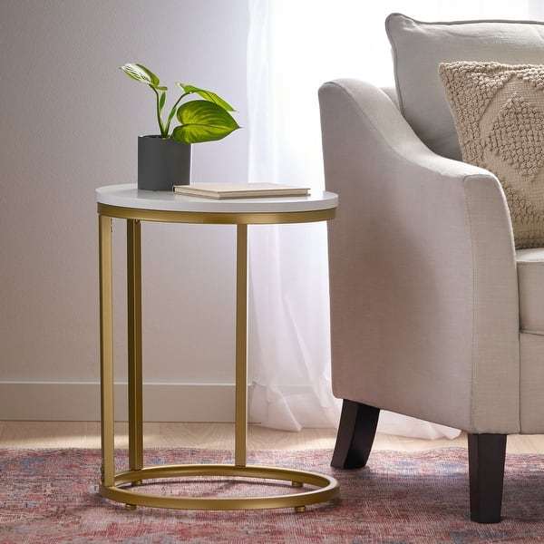 slide 2 of 11, Ingersol Indoor Iron and Faux Wood C Shaped End Table by Christopher Knight Home White + Gold - Wood