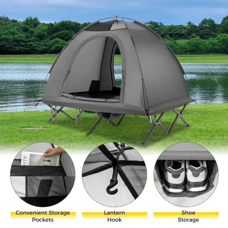 Grey Oxford Cloth Metal Elevated Camping Cot Tent for 2 Persons with Wheeled Bag - 77" x 71" x 59"