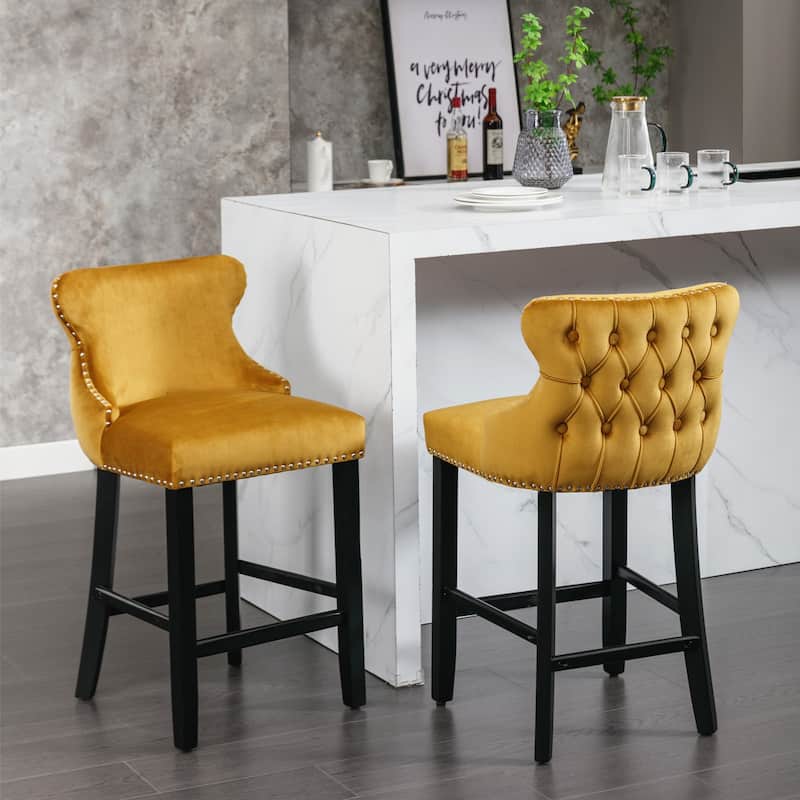 Nailhead Trim Velvet Bar Stools, Tufted Button Wingback Dining Chair, Wooden Legs Counter High Bar Chair, Set of 2