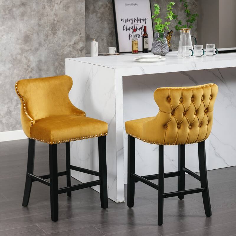 Upholstered Wing-Back Barstools Set of 2/4, Leisure Bar Chairs with Button Tufted Decoration, Wooden Legs and Nailhead Trim - Set of 2 - Gold