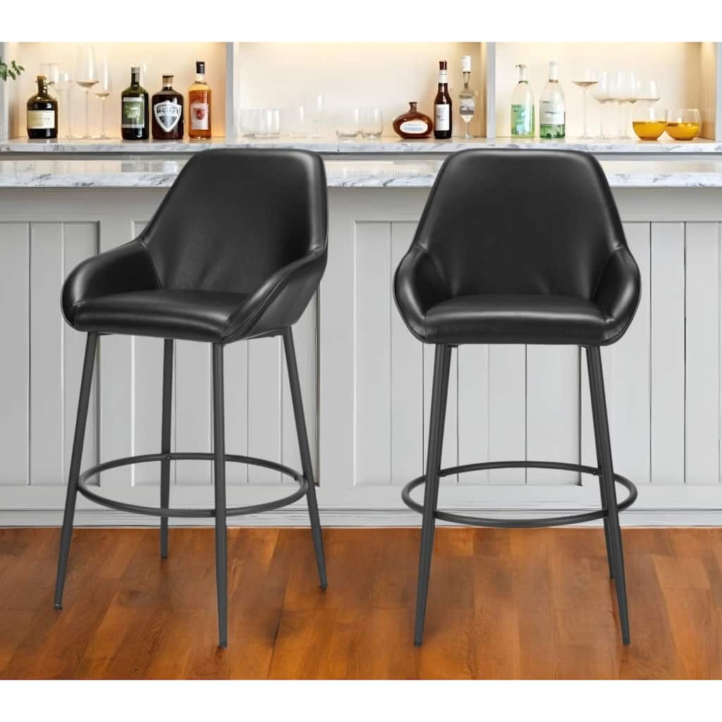 Set of Two 30" Black Faux Leather And Steel Bar Height Bar Chairs