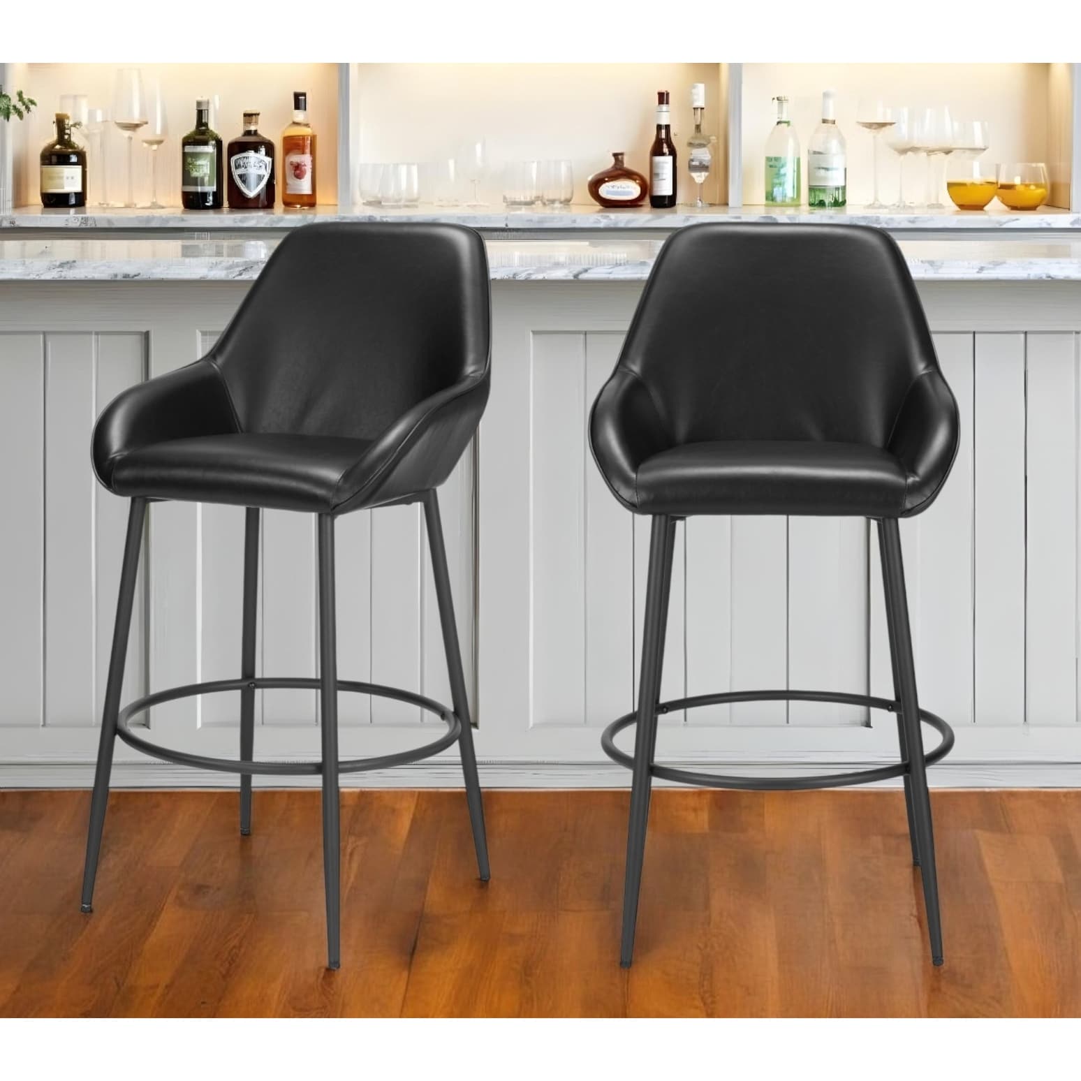 Set of Two 30" Black Faux Leather And Steel Bar Height Bar Chairs