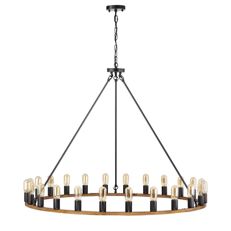 The Gray Barn Liam 48-inch Round Wagon Wheel 24-light Chandelier - Smith Iron/Imitation Wood Grain