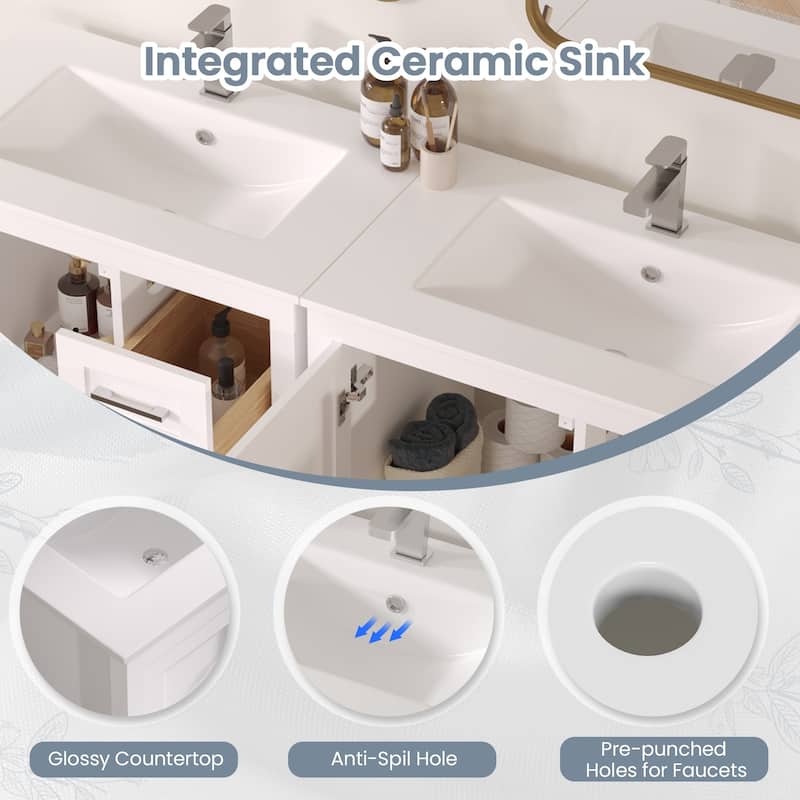 EROMMY All-in-One Bathroom Vanity with Ceramic Sink, Soft-Close Storage Cabinet & Drawer, Glossy Countertop, White
