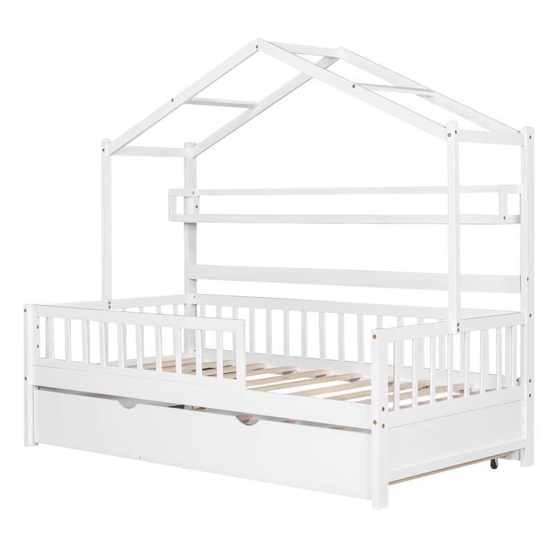 Cute Wooden Twin or Full House Bed with Trundle, Kids Bed Wood Platform Bed Frame with Safety Guardrail & Storage Shelf