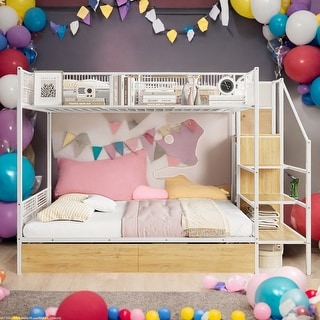 Twin Over Full Metal Bunk Bed with Built-in Wardrobe,Step-Style Ladder and Drawer