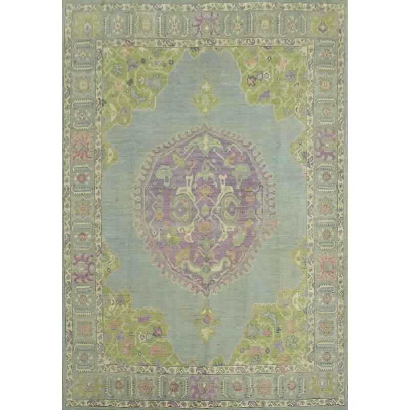 Vegetable Dye Oushak Turkish Area Rug, Medallion Geometric Carpet - 9' 10'' X 8' 2''