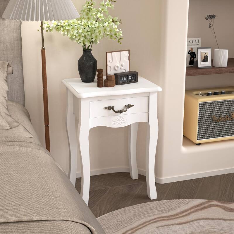 White Living Room Floor-standing Storage Table with a Drawer, 4 Curved Legs
