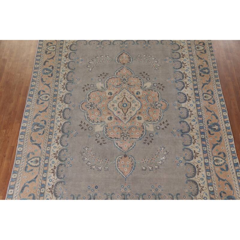 Hand Knotted Oriental 100% Wool Carpet Traditional Floral Greys & Charcoal Tabriz Area Rug - 12' 6'' X 9' 4''